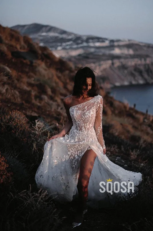 Can't Miss draped dressUnique One Shoulder Allover Lace Bohemian Wedding Dress with Split QW2633
