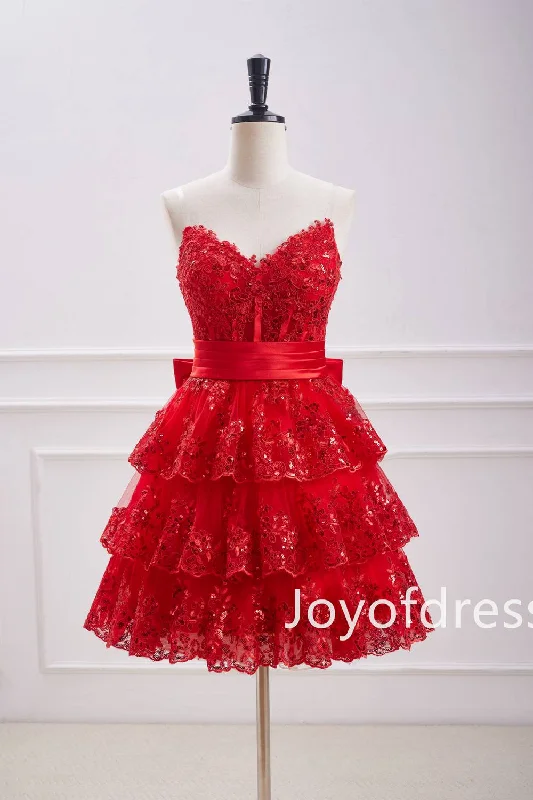 Special Price trendy wrap dressStrapless V-Neck Red Tiered Short Party Dress with Appliques
