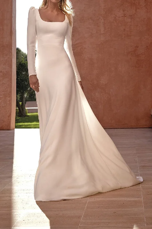 Super Bargain mini dressA line Square Neckline Long Sleeves Simple Wedding Dress QW2134