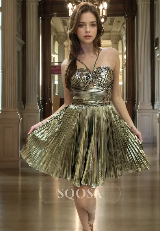 YEAR-End Clearance textured dressA-Line Spaghetti Straps Short Homecoming Dress Sweetheart Sleeveless Pleated Cocktail Dress