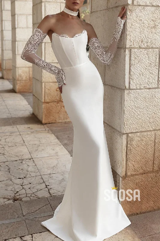 New Markdowns classic fit-and-flare dressChic Bateau Trumpet Lace Long Sleeve Beach Wedding Dress QW8136