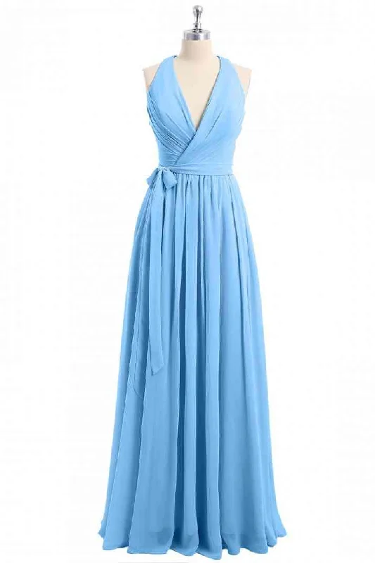 Price Slash casual day dressBlue A-line Halter V neckline pleated Chiffon Long Bridesmaid Dress