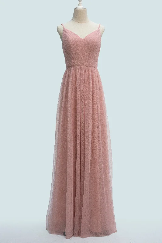 Amazing Deals long sleeve dressBlushing Pink A-line Spaghetti Strap Pleated Long Bridesmaid Dress