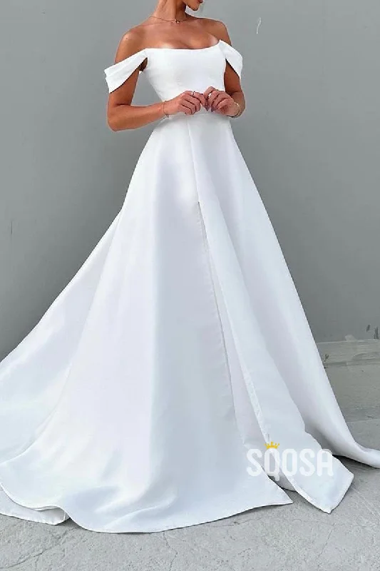 Markdowns sleek dressSatin A-Line Bateau Off-Shoulder With Train Elegant Wedding Dress QW8193