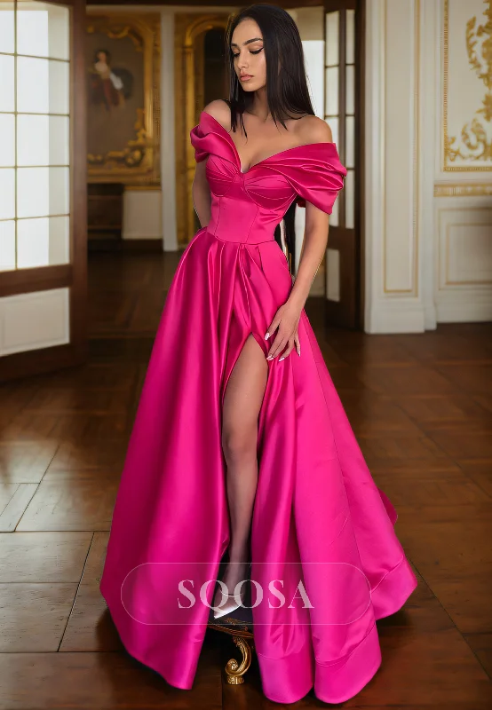 Price Meltdown boho-chic dressA-Line Off-Shoulder Pink Satin Pleats Long Prom Evening Dress With Slit