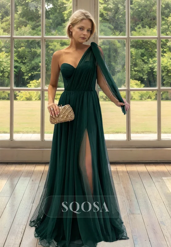 Markdown Madness trendy wrap dressOne-Strap Sweetheart Sleeveless Tulle Mother of the Bride Dress Pleated Floor-Length Cocktail Gowns with High Slit