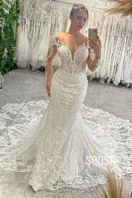 Hurry In formal dressIllusion V-Neck Lace Appliques Long Sleeves Mermaid Wedding Dress QW2625