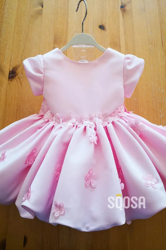 Stock Clearance summer floral dressA-line Scoop Appliques Cute Pink Flower Girl Dress First Communion Dress QF1009