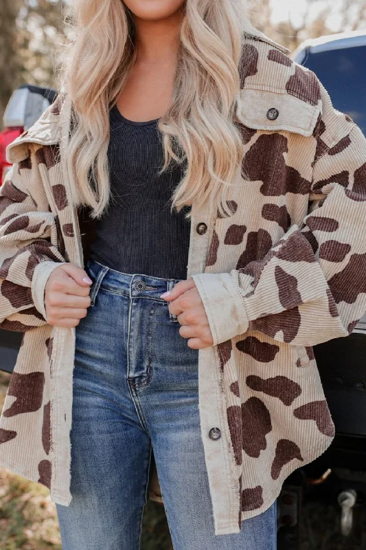 Act Fast high-fashion coatCow Print Corduroy Shacket