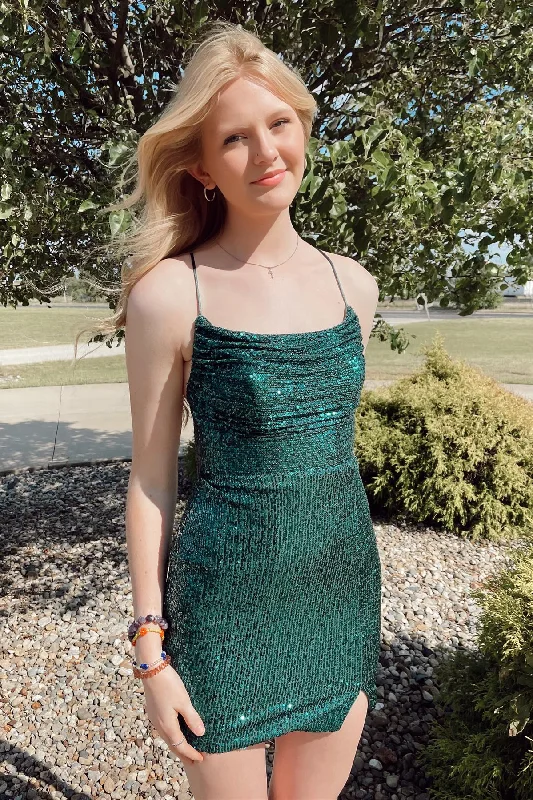 Exclusive Access comfy dressStraps Dark Green Cowl Neck Tight Mini Dress,Dark Green Homecoming Dress Y2948