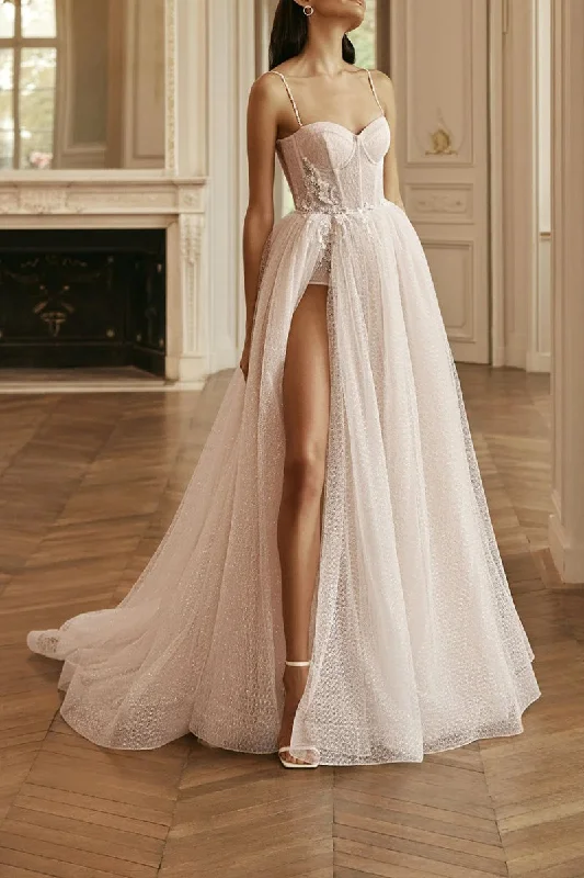 Exclusive Offers velvet dressA Line Spaghetti Straps Appliques High Split Rustic Wedding Dress QW2217