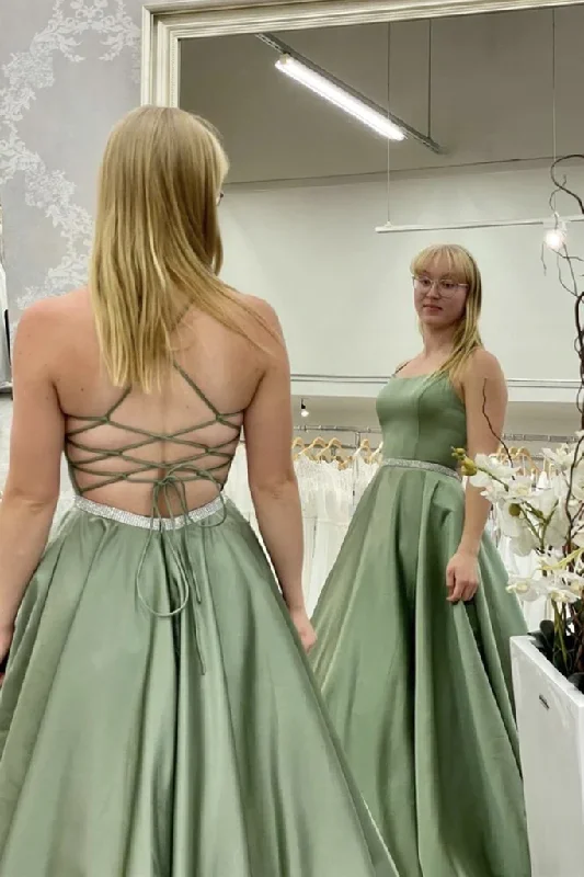 New Markdowns elegant shift dressA Line Backless Green Satin Long Prom Dress, Backless Green Formal Graduation Evening Dress Y221