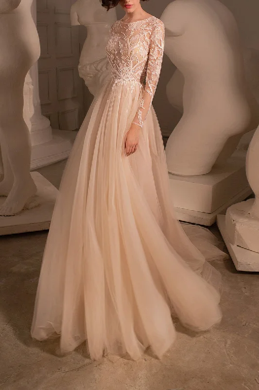 Price Drop Alert textured dressA Line Illusion Neckline Lace Embroidery Long Sleeves Boho Wedding Dress QW2129