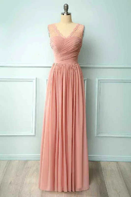 The Best Prices long-sleeve floral dressDusty Pink A-line Illusion Lace Neck Pleated Chiffon Long Bridesmaid Dress