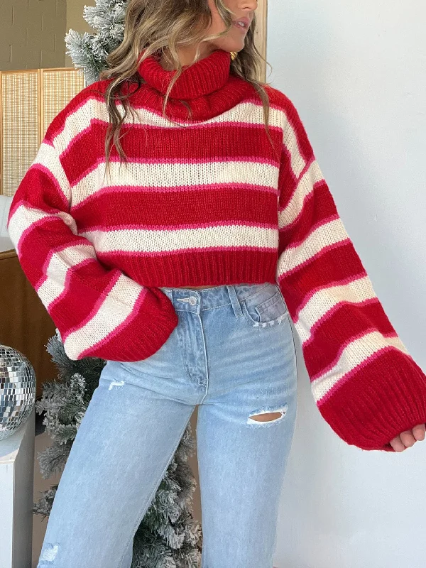 Deep Discounts breathable gym hoodieStriped Turtleneck Long Sleeve Cropped Sweater