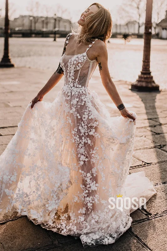 Price Break sleek midi dressSpaghetti Straps Scoop Allover Lace Bohemian Wedding Dress QW2460