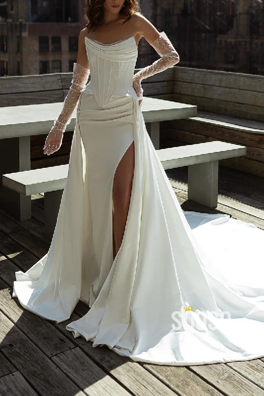 Daily Deals casual evening dressStrapless Ruched Lace Applique With Side Slit Train Wedding Dress QW8132