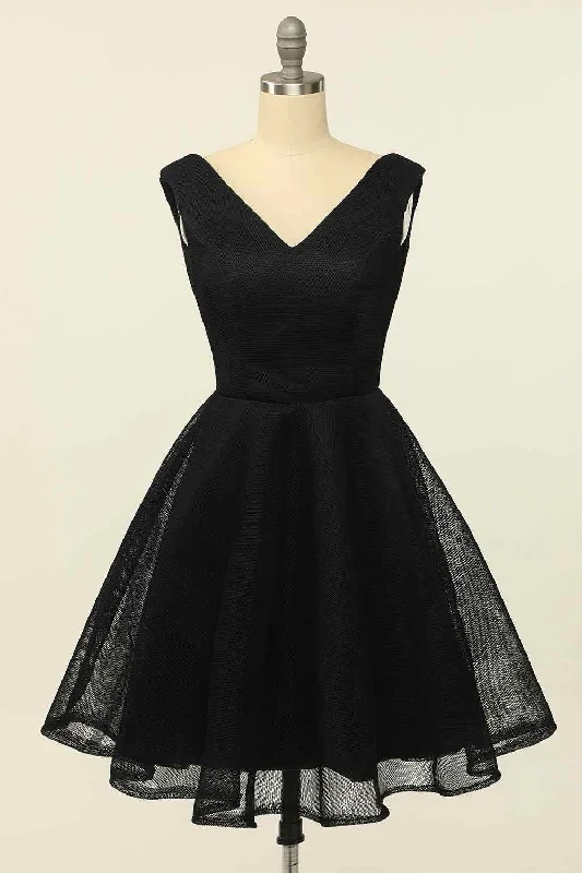 Mega Deal summer floral dressBlack A-line V Neck Sleeveless Lace-Up Back Tulle Mini Homecoming Dress