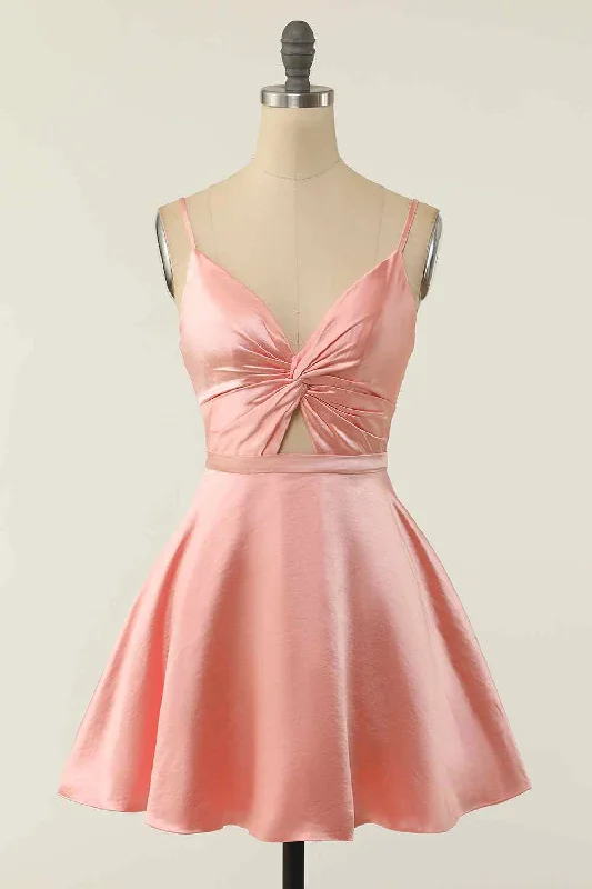 Huge Savings spaghetti strap dressA-line V Neck Twist Knot Cut-Out Pleated Mini Homecoming Dress Huge Savings spaghetti strap dressA-line V Neck Twist Knot Cut-Out Pleated Mini Homecoming Dress