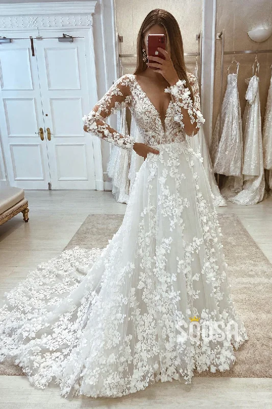 Fantastic Offers trendy wrap dressAllover Lace V-Neck Long Sleeves A-line Wedding Dress QW2570