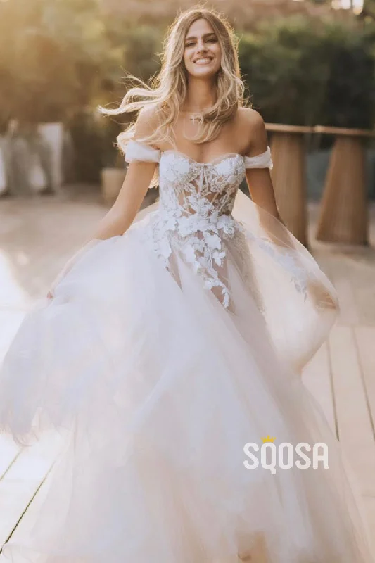 Can't Miss trendy bodycon dressUnique Off the Shoulder Lace Appliques Bohemian Wedding Dress QW2524