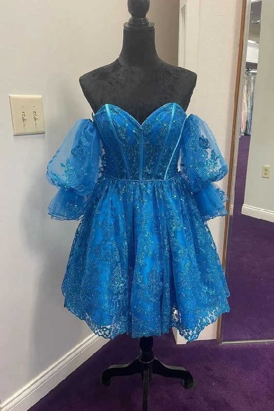 The Best Prices backless dressSweetheart A-line Short Homecoming Dress with Puff Sleeves