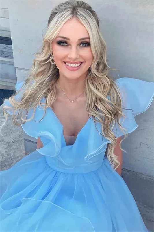 Steals and Deals statement dressBlue A Line Cute Ruffles Cap Sleeve Prom Dress Homecoming Dress
