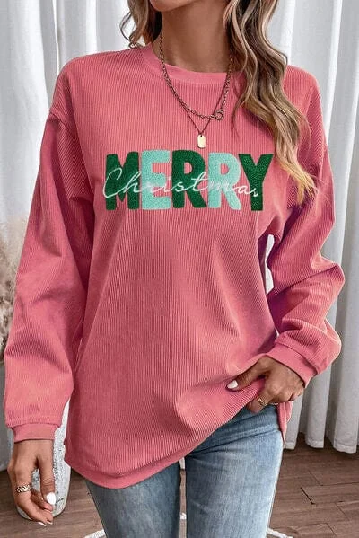 Deal Dash fashionable fitness sweatshirtMERRY CHRISTMAS Pink Ribbed Sweatshirt