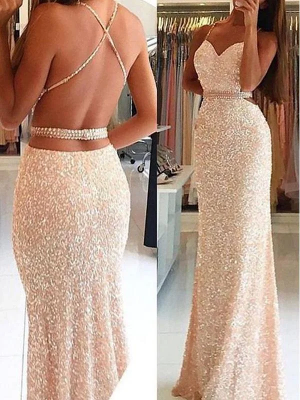 Markdown Madness Backless Sexy Sequined Mermaid Spaghetti Straps Evening Formal Prom Dress GJS277
