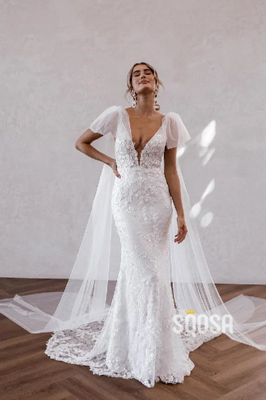 Deal Dash pleated dressQW8008 - V-Neck Sheath Mermaid Applique Wedding Dresses With Shawl Bridal Gowns Deal Dash pleated dressQW8008 - V-Neck Sheath Mermaid Applique Wedding Dresses With Shawl Bridal Gowns
