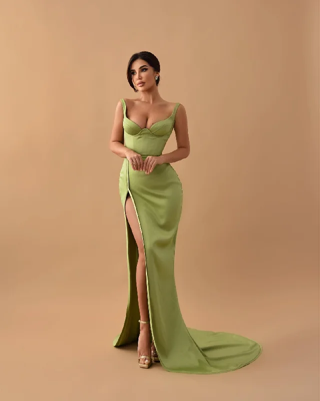 Warehouse Sale puff sleeve dressChic Sweetheart Straps Light Green Prom Dress With Slit QP3132