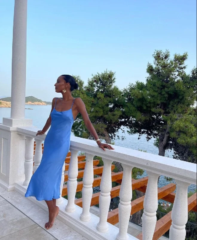 Closeout denim dressWomen's Blue Spaghetti Straps Simple Prom Dress Y2805
