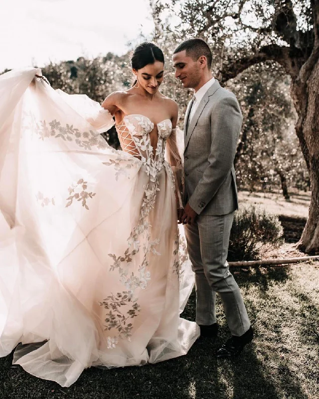 Holiday Sale velvet dressAttractive V-Neck Lace Appliques Long Sleeves Bohemian Wedding Dress QW2285