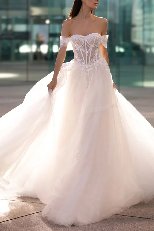 New Deals off-the-shoulder dressA line Sweetheart Bead Appliques Rustic Wedding Dress QW2191