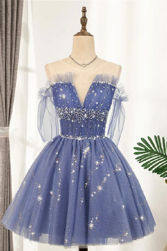 Take Advantage stylish dressLavender Illusion Off-the-Shoulder Beaded Ruffle Tulle Homecoming Dress