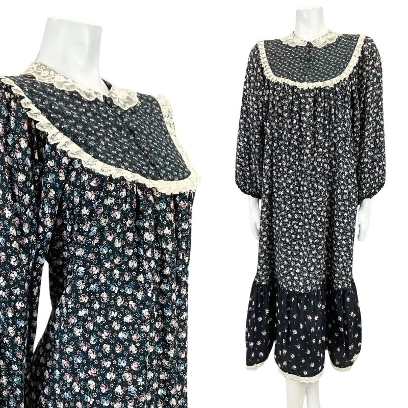 Exclusive Deal VINTAGE 60s 70s NAVY BLUE PINK WHITE FLORAL FOLK BOHO RUFFLE MIDI DRESS 12 14