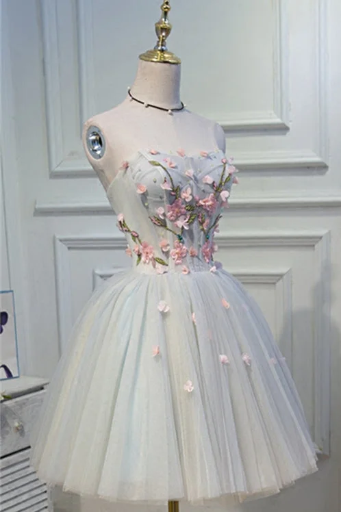 Low Prices off-shoulder dressLight Blue Strapless 3D Appliques Tulle Homecoming Dress