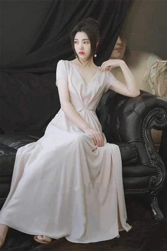 Price Meltdown form-fitting dressShort Sleeves Pink Chiffon Long Bridesmaid Dress
