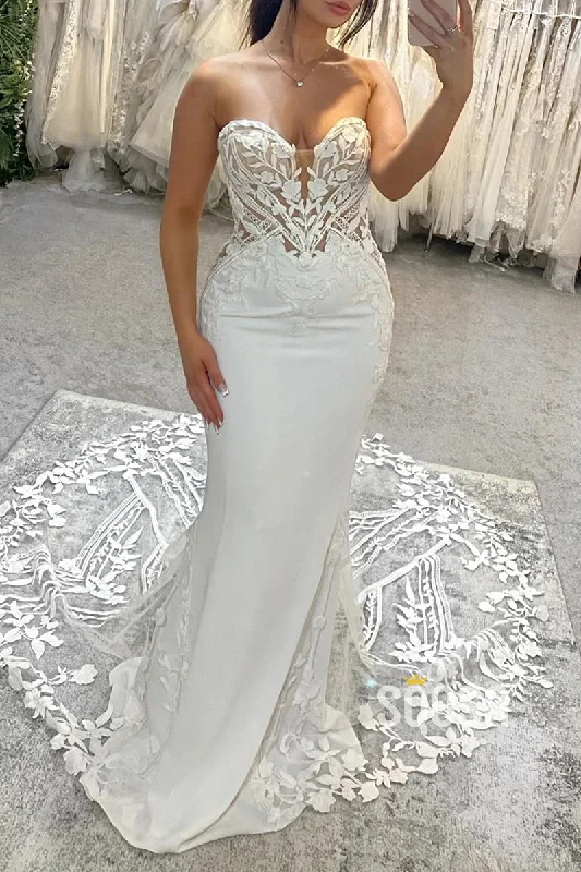 Instant Savings trendy mini dressTrumpet Sweetheart Strapless Appliques Illusion With Lace Train Wedding Dress QW8157