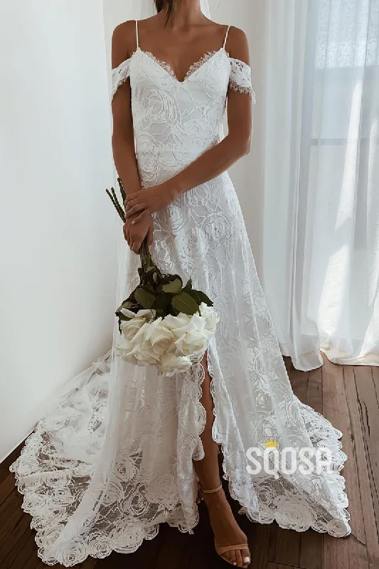 Hot Deal fitted dressA-line V-neck High Split Allover Lace Bohemian Wedding Dress QW2695