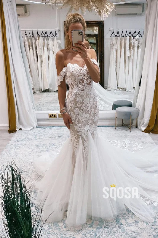 Limited Availability vintage-inspired dressChic Off the Shoulder Lace Appliques Mermaid Wedding Dress QW2532