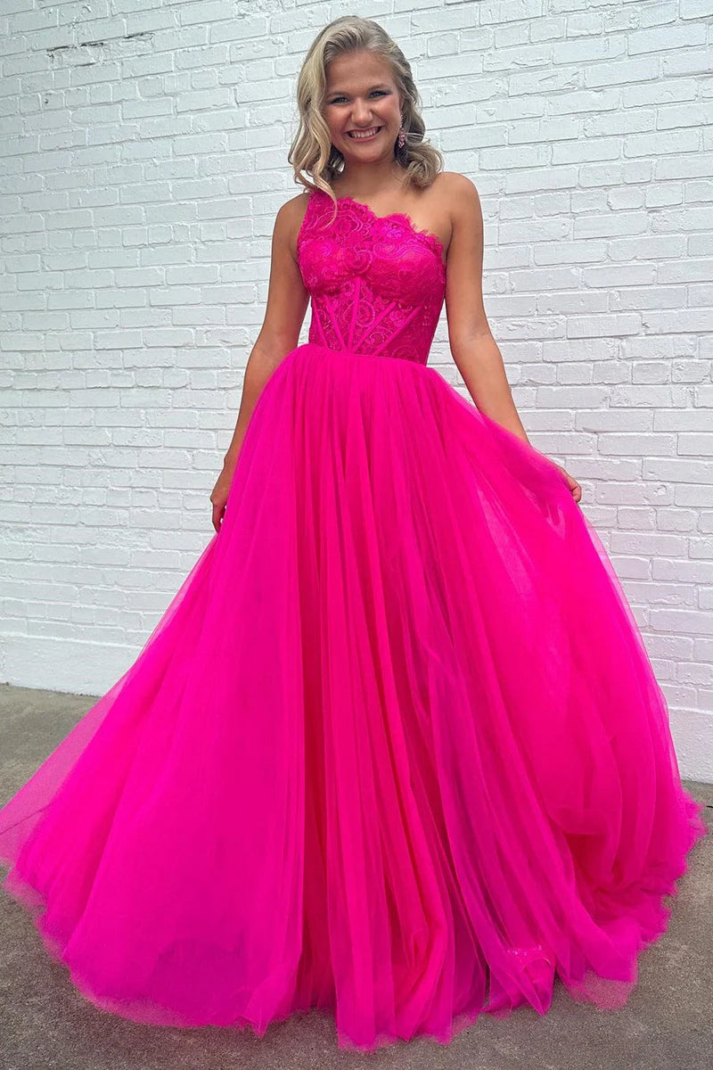 Best Deals comfy dressTulle A-Line One Shoulder Empire Lace Appliques Prom Dress