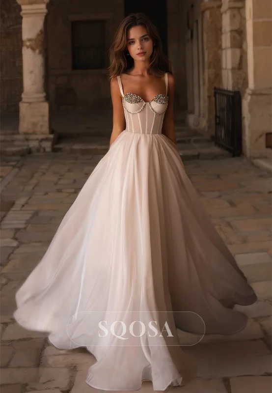 Year-End Clearance denim dressSweetheart Spaghetti Straps Chiffon A-Line Wedding Dress Beaded with Sweep Train Bridal Gowns