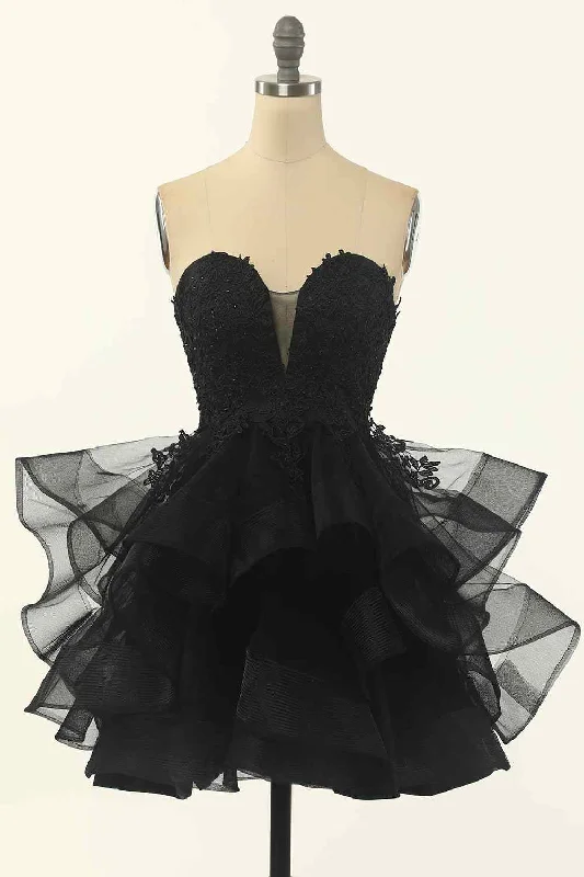 Lowest Prices formal dressBlack A-line Strapless V Neck Applique Multi-Layers Mini Homecoming Dress