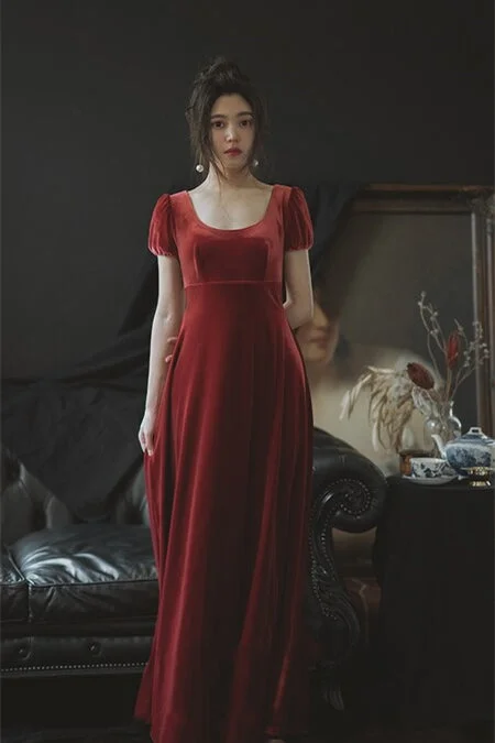 Amazing Deals midi dressBurgundy Velvet Long Bridesmaid Dress with Cap Sleeves