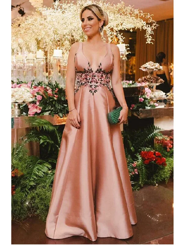 Super Bargain Long Prom Dresses Straps Floor-length Appliques Pink Prom Dress Sexy Evening Dress JKL606
