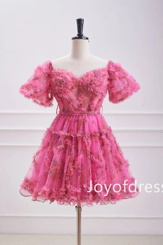 Price Rollback minimalistic dressHot Pink Ballon Sleeves Corset Floral Short Dress