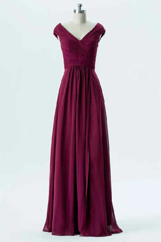 Deal Dash off-shoulder dressOrchid A-line Chiffon Pleated Cap Sleeve Long Bridesmaid Dress