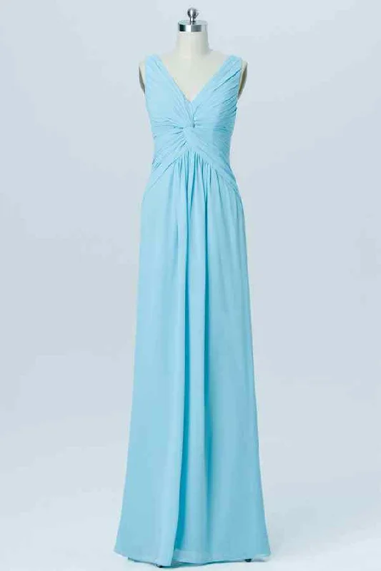 Great Deals bohemian dressBlue A-line Chiffon Pleated Twist Knot Long Bridesmaid Dress