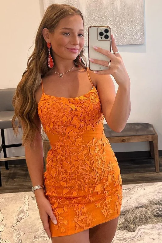 Great Deals sleek midi dressCute Bodycon Scoop Neck Orange Lace Homecoming Dresses Y2919